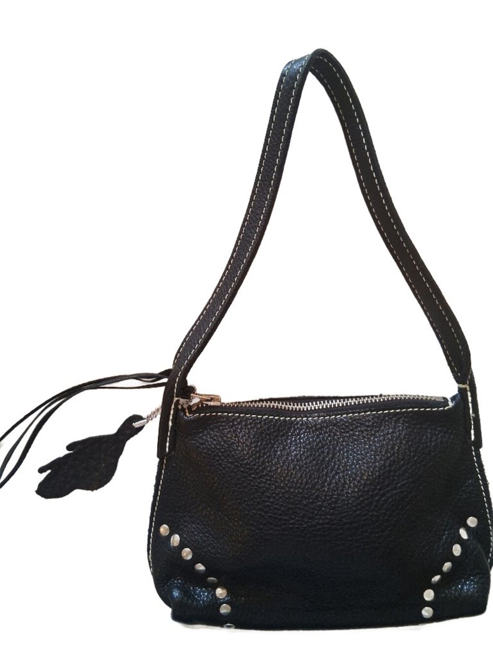 ROOTS Black Pebbled Leather w' Studs Mini Baguette Under Arm Purse